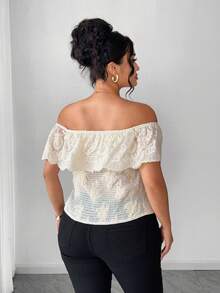 Elenzga Plus Size Women's Elegant White Summer Blouse,French Style Off Shoulder Ruffled Embroidered Lace Fitted Top For Vacation,Holiday,Parties,Weddings - Apricot - View 2