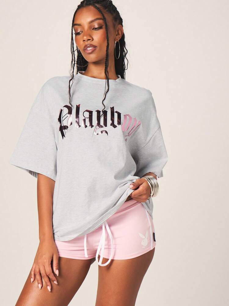Missguided x Playboy Women's Metallic Foil Print Oversized Crew Neck Short Sleeve Cotton Blend T-Shirt With Bunny Logo Graphic Casual Streetwear Top