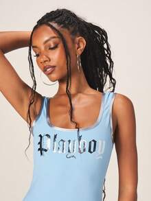 Missguided x Playboy Graphic Text Mini Bodycon Dress Square Neck Sleeveless Summer Tank Style Casual Party - Blue - View 4