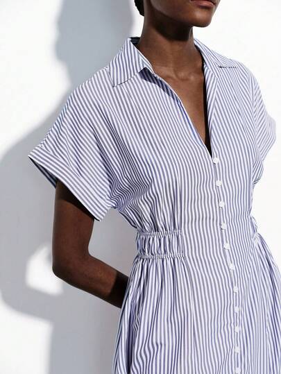 Aveloria Modichic New Fashion Elastic Waist Ruffle Hem Striped Maxi Shirt Dress