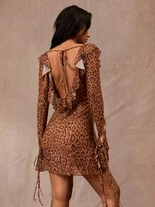 Opulessa Women's Vacation Leopard Print Ruffle Collar Front Tie Cover Up Dress - Multicolor - View 2