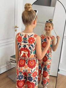 少女热带印花背心裤套装，蝴蝶结装饰无袖上衣 - 橘色 - 查看 7