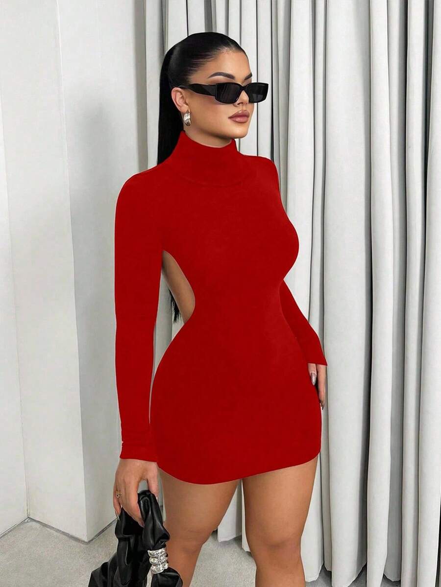 SHEIN Unity Gaun Mini Tanpa Punggung Seksi Model Vintage Terbaru untuk Wanita - Merah - View 1