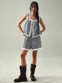 SoleilVie 夏季新款法式复古黑白格子无袖蕾丝边开衫+短裤两件套，精致甜美少女镂空花卉蕾丝套装 - 黑與白 - 查看 4