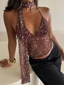 Aloruh 女士波点印花深V领性感时尚吊带背心 - 鏽棕色 - 查看 5