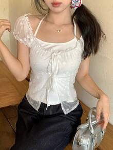 DAZY Women's Floral Print Camisole & Ruffle Trim 2 Pieces Set - White - View 2