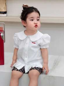 DAZY Top a maniche corte con colletto arricciato a tinta unita per bambine, stile coreano estivo per bambini piccoli - Bianco - Visualizzare 7