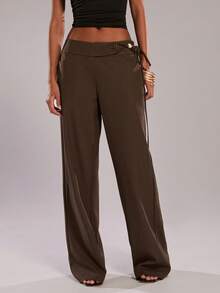 SHEIN BAE 棕色休闲串珠装饰阔腿裤/宽松长裤，适合度假、通勤、外出、夏季穿着 - 咖啡棕 - 查看 6