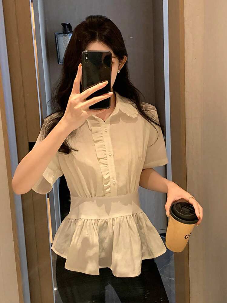 Women's Ruffle Trim Short Sleeve French Blouse, Waist Cinched Slimming Ethereal White Shirt For Summer
