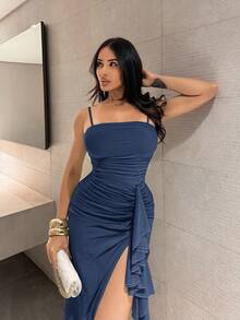 Shopreo 优雅的鼠尾草绿色浪漫荷叶边袖高开衩长裙，女士蕾丝紧身派对礼服，适合情人节、约会、婚礼、舞会 - 藏蓝色 - 查看 5