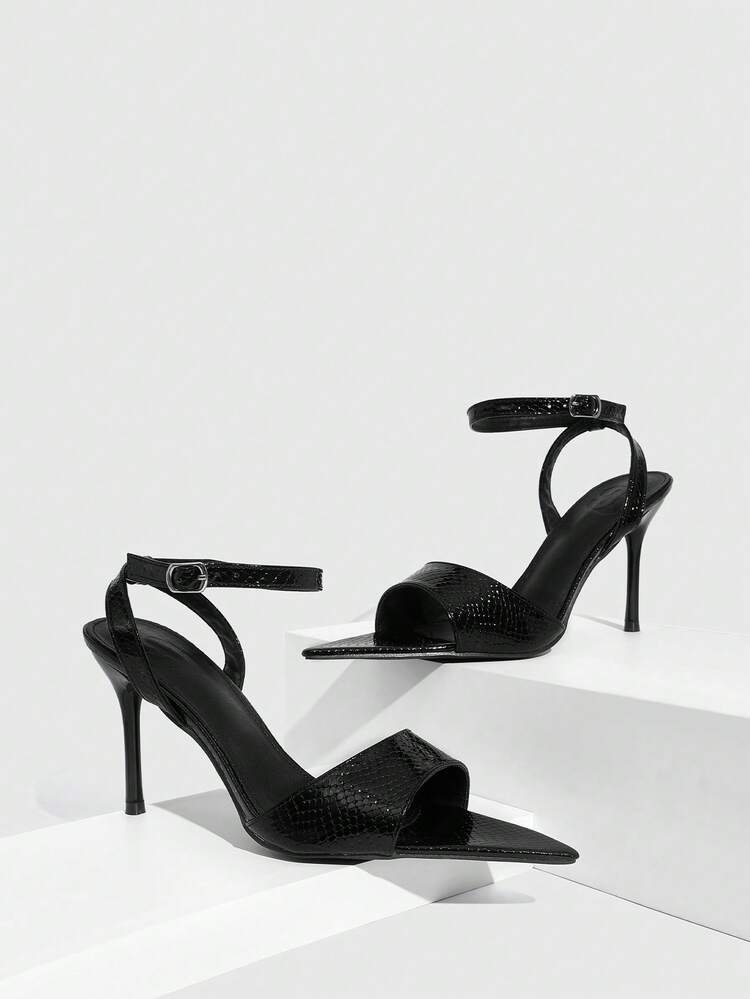CUCCOO SZL Women's Pointed Toe Stiletto High Heel Sandals, Black PU Snake Skin Pattern, Glossy Material, Fashion Comfortable For Daily, Party, Banquet, Open Toe Buckle Strap Design Spring Shoes