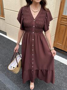 SHEIN Clasi Women's Dark Brown Button Front Long Dress, Summer Casual Solid Color Vacation Outfit, Holiday Garden Party, Outfits - Brown - View 7
