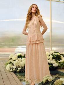 PREMIUM WOMEN'S ROMANTIC EMBROIDERED LACE TRIM LONG DRESS, SPRING/SUMMER - Coral Pink - View 4