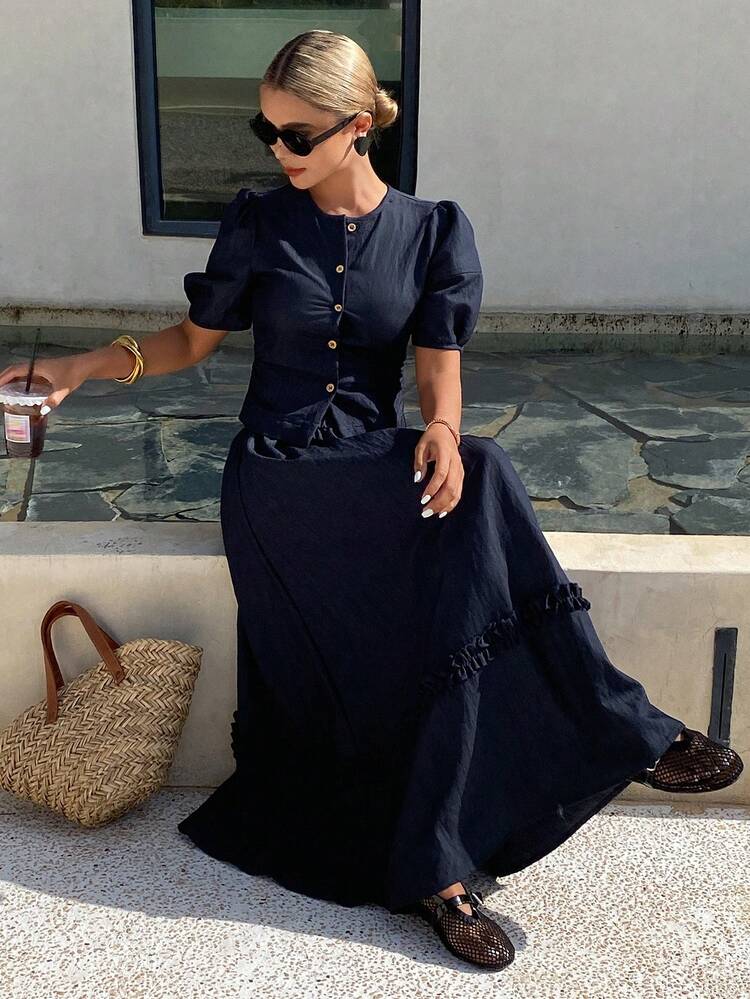 Women's Casual Solid Color Round Neck Petal Sleeve Shirt & A-Line Frill Trim Skirt 2-Piece Set, Spring/Summer Lounge Sets For Women