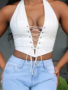 Steph T Top Blanco De Cuello Halter Con Cordones En La Parte Delantera - Blanco - Ver 6