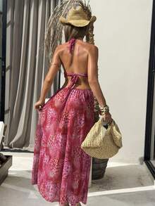 Bonvoyette Women's Vacation Beach Leopard Print Backless Halter Cover Up - Blue - View 2