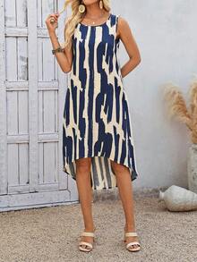 EMERY ROSE Đầm ngắn nữ kiểu dáng thường ngày, không tay, in họa tiết toàn thân, vạt bất đối xứng, thích hợp cho mùa hè. - Màu xanh hải quân - Xem 7