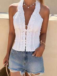 Livesso Women's Summer Casual Frill Trim Halter Neck Backless Top - White - View 2