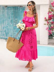 Vivid Eden 女士镂空荷叶边连衣裙，时尚度假之选 - 藍色 - 查看 5