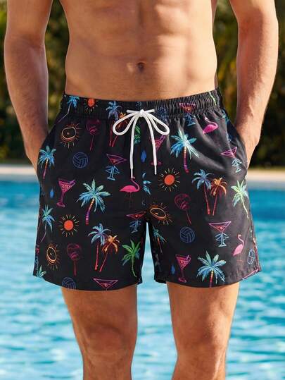 VIVINTIMO 男士休闲全身印花运动短裤，夏季海滩度假抽绳沙滩短裤，椰子树男士泳裤，夏威夷风