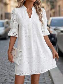 Editum Vestido casual suelto de mujer con cuello con muesca, manga media, dobladillo con volantes y bordado de ojal, elegante para uso diario, vacaciones, viajes, primavera/verano 100% algodón, blanco puro, bordado tejido, corte suelto, mangas cortas, elegante estilo callejero de todos los días, elegante estilo de ropa de trabajo, atuendo de oficina, vestido de primavera y verano de vacaciones de mujer, vestido blanco con manga, vestido blanco de ojal, vestido blanco casual, vestido blanco bohemio, vestido blanco de algodón - Blanco - Ver 12
