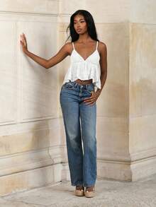 Mima John Summer Casual White Women Lace Panel Ruffle Hem Camisole Top - White - View 1