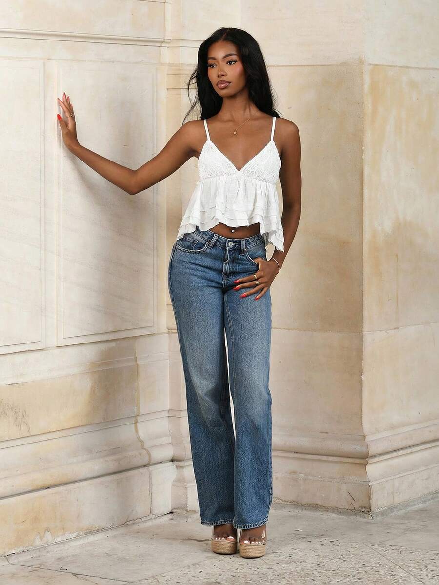 Mima John Summer Casual White Women Lace Panel Ruffle Hem Camisole Top - White - View 1