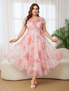 Reflora 大码女士优雅印花连衣裙，夏季婚礼宾客礼服 - 珊瑚粉 - 查看 6