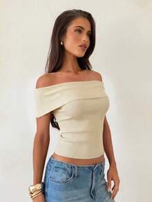 Aloruh Top de punto elegante beige para mujer para salir de noche en verano,Suéter acanalado asimétrico con hombro descubierto y decoración metálica,Pullover vintage ceñido, Streetwear - Albaricoque - Ver 6