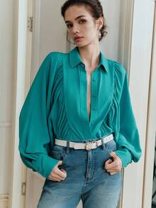 Anewsta Ladies' Elegant Blouse With Ruffle Design And Lantern Sleeves, High-Quality Shirt Suitable For Going Out, Commuting, Dating - Green - View 5