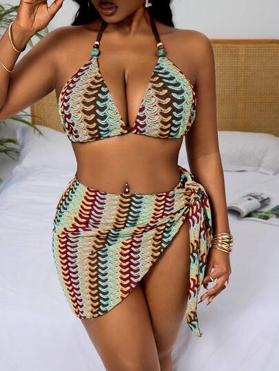 Swim Vcay 2026 Spring New Plus Size Women's Knitted Wavy Neck Triangle Bikini Set, Wrap Tie Waist Triangle Bottoms & Skirt 3-Piece Swimwear