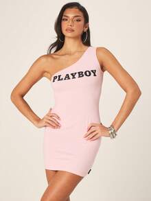 Missguided x Playboy One Shoulder Bodycon Mini Dress With Text Print Perfect For Party Night Out Club Wear Summer Fashion - Pink - View 1