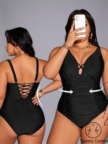 Shapewave Traje de baño de una pieza 2026 de talla grande para mujer, con cuello en V profundo, cruzado, control de abdomen y cintura alta, color negro - Negro - Ver 1