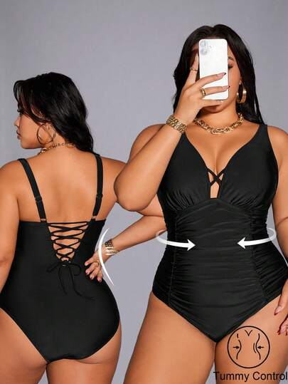 Shapewave 2026 New Plus Size Women's Black Deep V-Neck Criss-Cross Tummy Control High Waist One-Piece Swimsuit