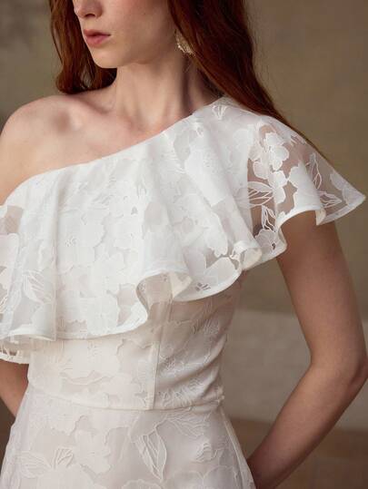 MOTF PREMIUM 女士荷叶边肩部纹理面料中长款休闲/约会连衣裙，春夏款