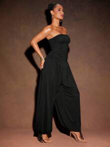 Hauture Sexy Mob Wife Party Vacay Jersey Sleeveless Side Ruched Drawstring Hem Jumpsuit - Black - View 3
