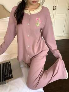 DAZY 2pcs Women's Contrast Trim Floral Print Cardigan & Elastic Waist Loose Pants Pajama Set, Spring - Pink - View 9