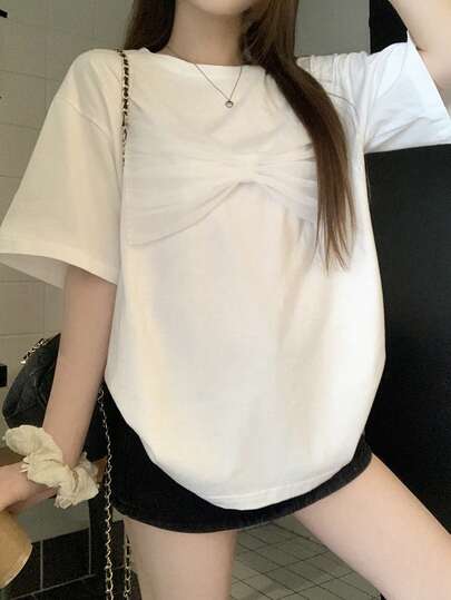 DAZY 女士纯色圆领短袖褶皱休闲T恤