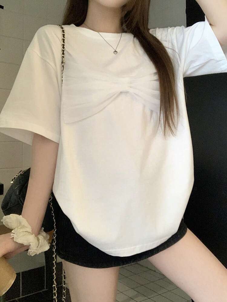 Women's Solid Color Round Neck Short Sleeve Pleated Casual T-Shirt Oversized