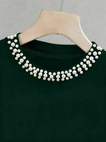 INAWLY Elegant Commuter Pearl Decor Solid Color Long Sleeve T-Shirt, Autumn - Green - View 5