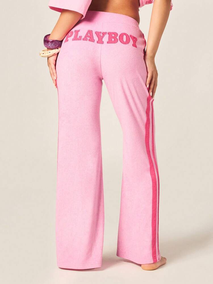 Missguided x Playboy Women's Side Stripe Wide Leg Flared Joggers Casual Drawstring Sweatpants Logo Comfort Pants