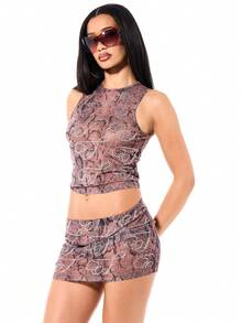 SUMWON WOMEN 女士棕色蛇纹迷你裙，饰有水钻和佩斯利花纹，适合派对和夜间外出穿着 - 棕色 - 查看 5