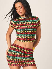 Missguided x Playboy Logo Printed Mesh Baby Tee Mini Skirt Two Piece Set Cropped Top Short Sleeve Bodycon Streetwear Festival Outfit - Multicolor - View 4