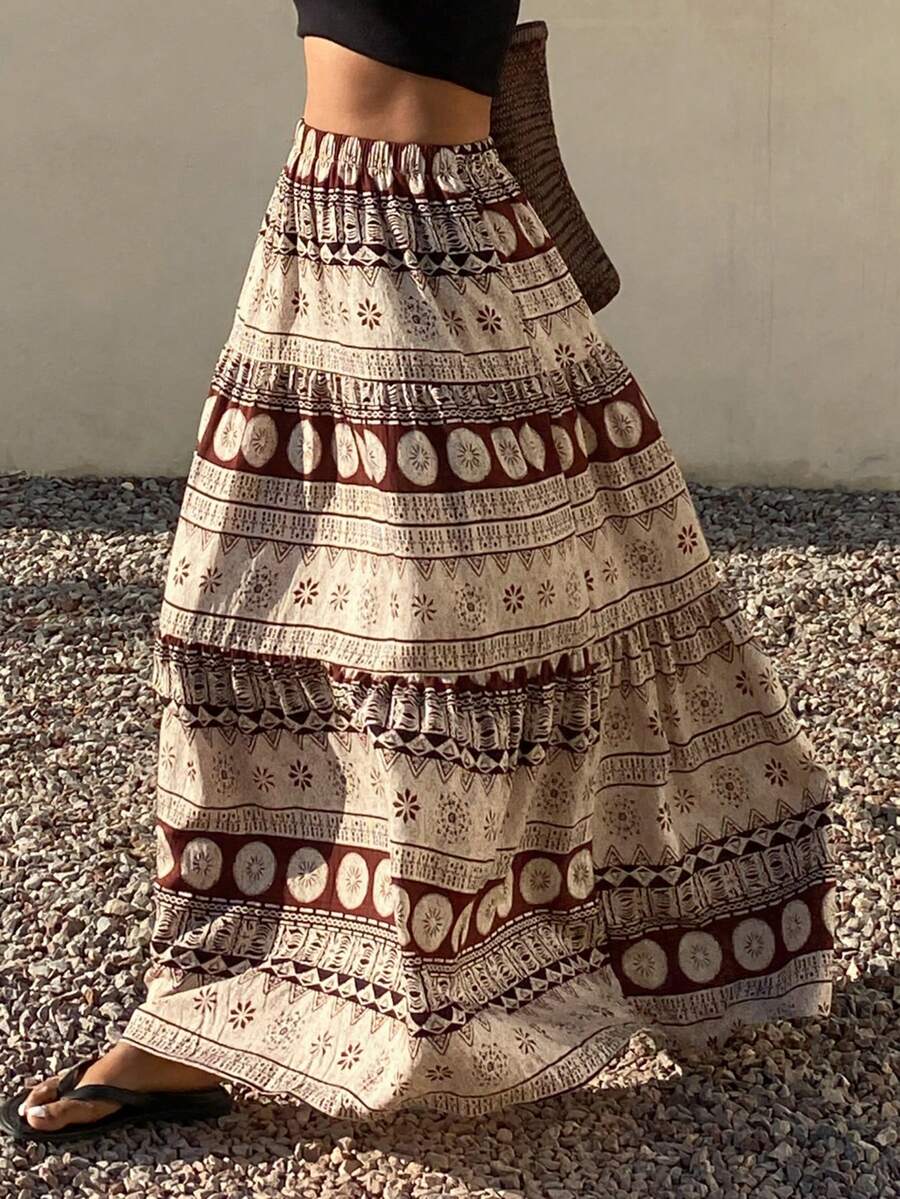 DAZY 全身印花弹力腰半身裙，休闲度假夏季女装半身裙 - 棕色 - 查看 1