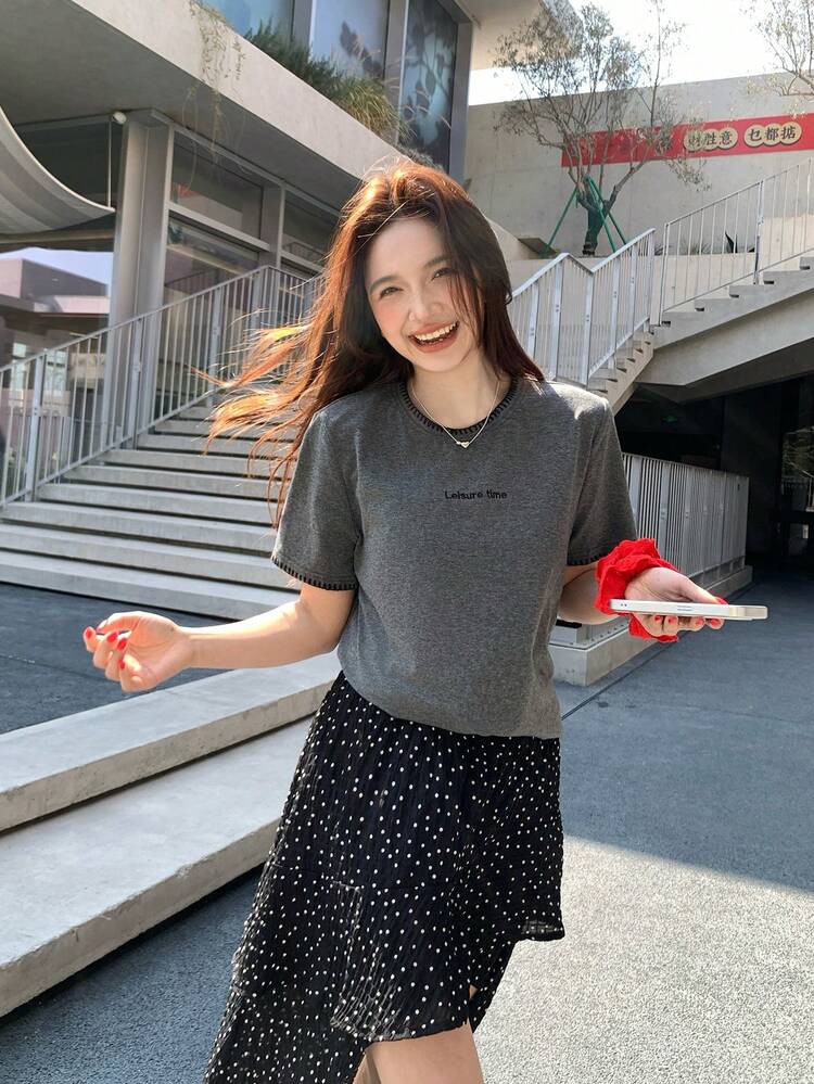 Women's Brushed Embroidered Letter Short Sleeve T-Shirt, Korean Style Atmosphere Early Autumn Top, Contrast Color Round Neck Undershirt Summer