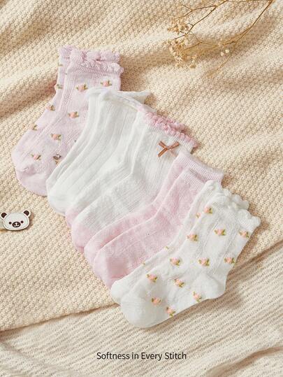 Cozy Pixies 5 Pairs Of Baby Children's Socks Pink Floral Pattern Cute Girls Spring And Summer Socks Mesh Tube Socks