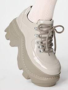 ROMWE Grunge Punk 女士Y2K朋克摇滚系带链条哥特鞋，黑色乐福鞋，玛丽珍牛津鞋，正式工作鞋，厚底坡跟鞋，圣诞节必备 - 卡其純色 - 查看 3