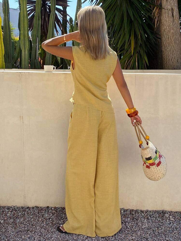 Women's Summer Casual Solid Color V-Neck Tie Strap Vest And Wide Leg Pants 2-Piece Set