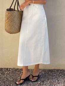 DAZY Women's Casual Solid White Straight Denim Skirt, Spring/Summer - White - View 4