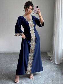 Elenzga Đầm dài tay sang trọng, tay dài, bán chạy nhất dành cho nữ cỡ lớn mùa xuân/hè, thích hợp cho công sở, đi biển, đi nghỉ mát, du lịch. - Màu xanh hải quân - Xem 4